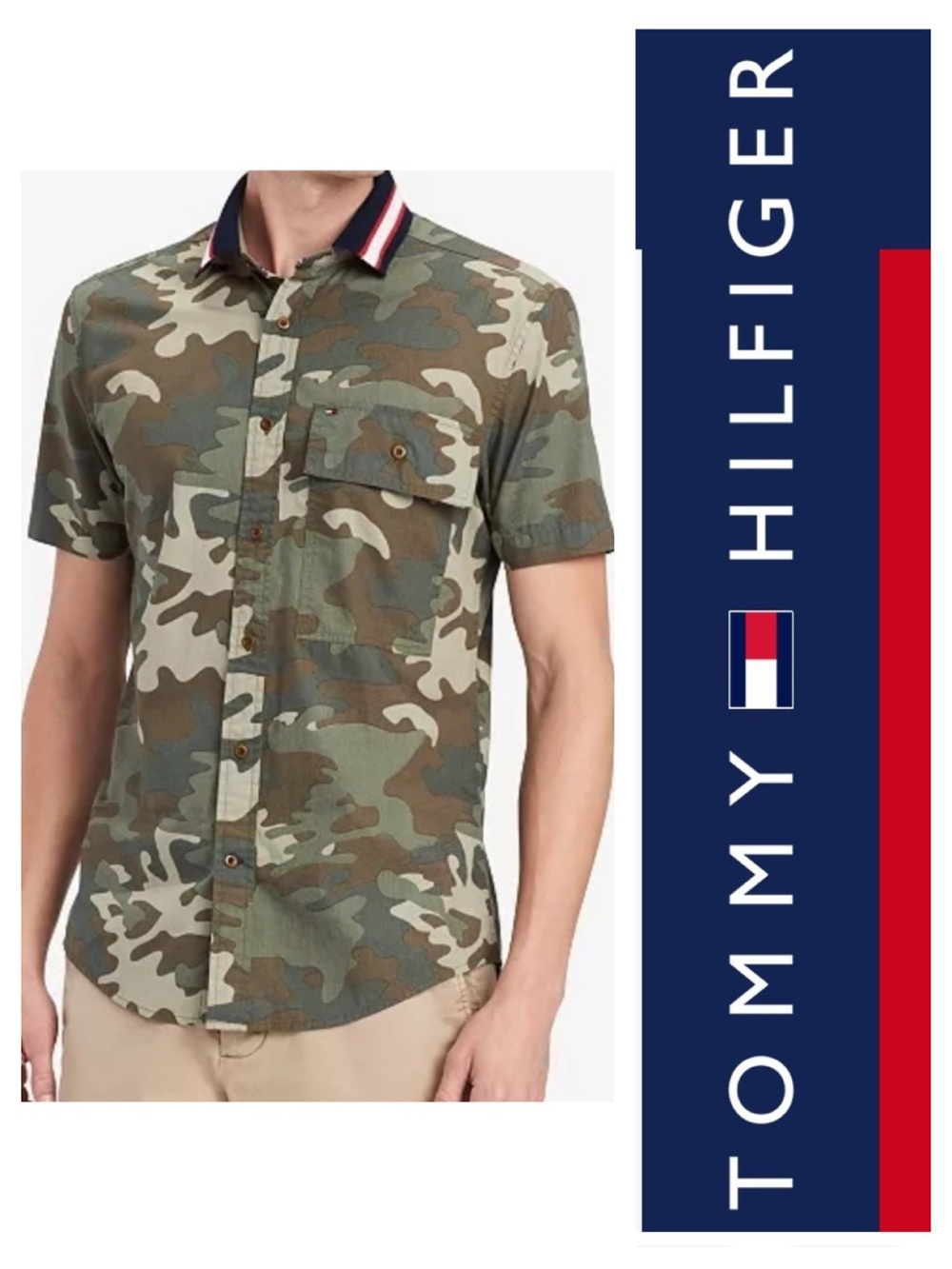 Tommy Hilfiger Men’s Green Camo Short Sleeve Button-Up Shirt 100% Cotton Large